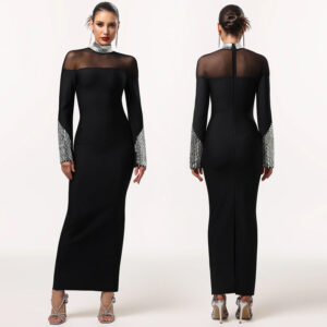 Elegant High Neck Long Sleeve Fitted Sequined Dress for Women