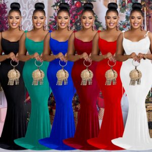 Fashionable Pure Color Sleeveless Long Dress with Shoulder Ties for Women