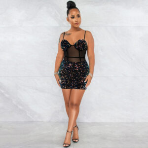 Fashion Sexy Sleeveless Sequin Mesh Sheer Zipper Midi Dress