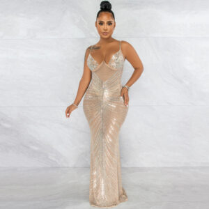 Fashion Sexy Beaded Strapless Sheer Mesh Long Dress