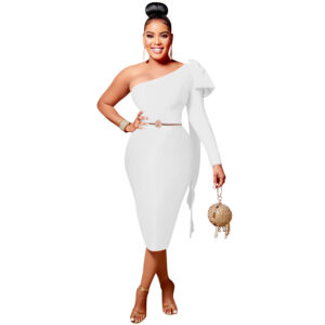 Chic Women's Single Long Sleeve Dress with Asymmetrical Neckline and Bow Ribbon Detail