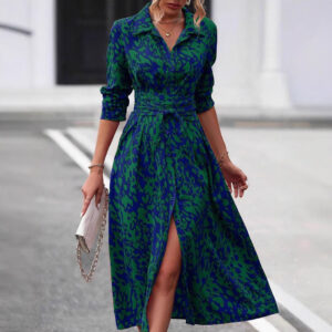 style dress with shirt collar, belt, long skirt for women