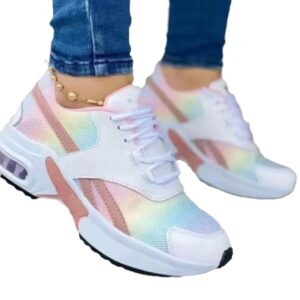 Low cut round toe mid heel lace up mesh sports single shoe for women
