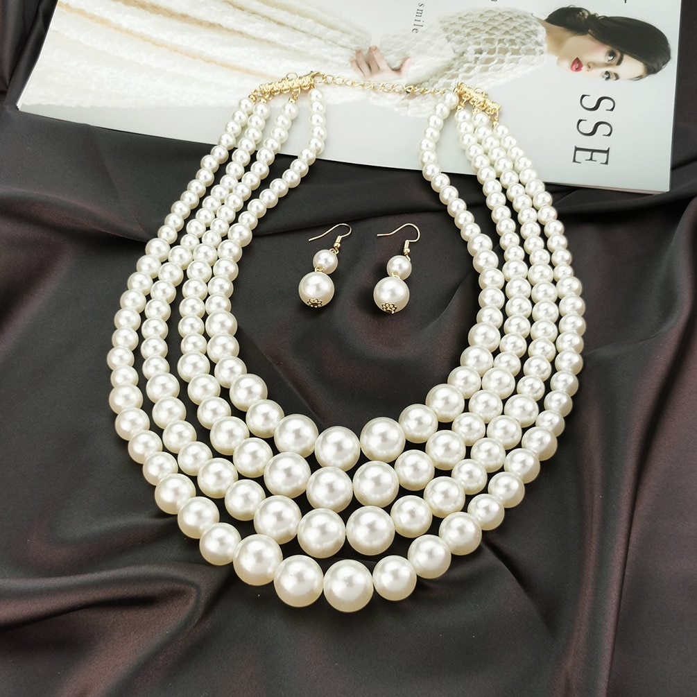 Layered Imitation Pearl Necklaces Sets For Women Handmade Beaded Chain Necklace Earrings Fashion Jewelry Set Charm Accesories - Bild 5