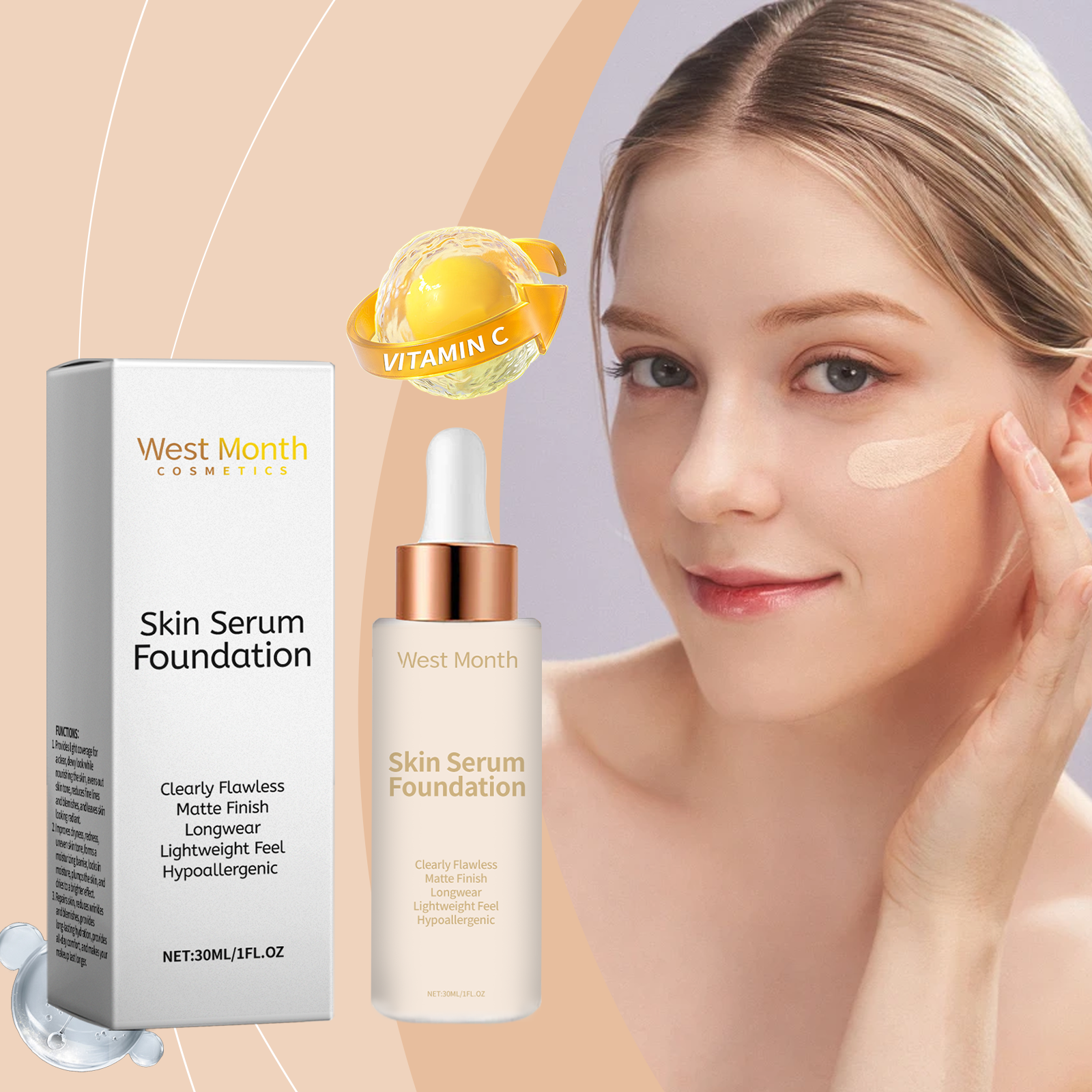 West&Month Moisturizing Liquid Foundation, Long-Lasting Long-Lasting Moisturizing Light Skin Care Liquid Foundation - Bild 2