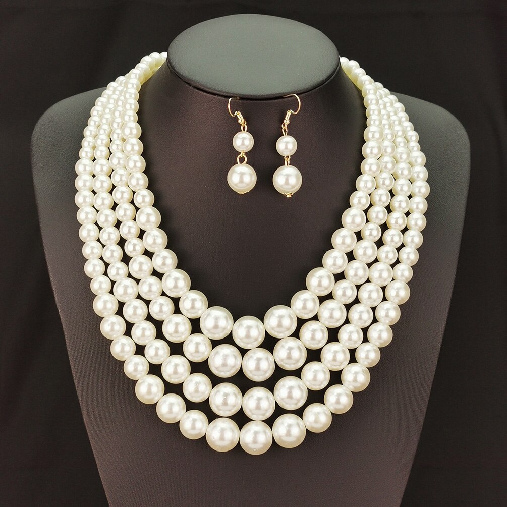 Layered Imitation Pearl Necklaces Sets For Women Handmade Beaded Chain Necklace Earrings Fashion Jewelry Set Charm Accesories - Bild 6