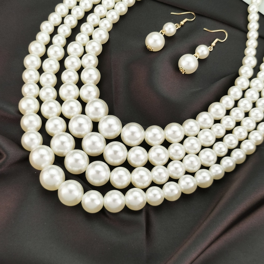 Layered Imitation Pearl Necklaces Sets For Women Handmade Beaded Chain Necklace Earrings Fashion Jewelry Set Charm Accesories - Bild 4