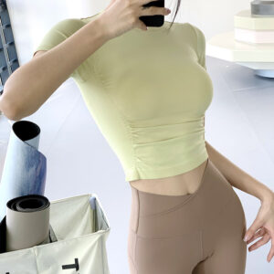 Sporty Women's Quick-Dry Short Sleeve T-Shirt Round Neck Casual Pleated Fitness Top