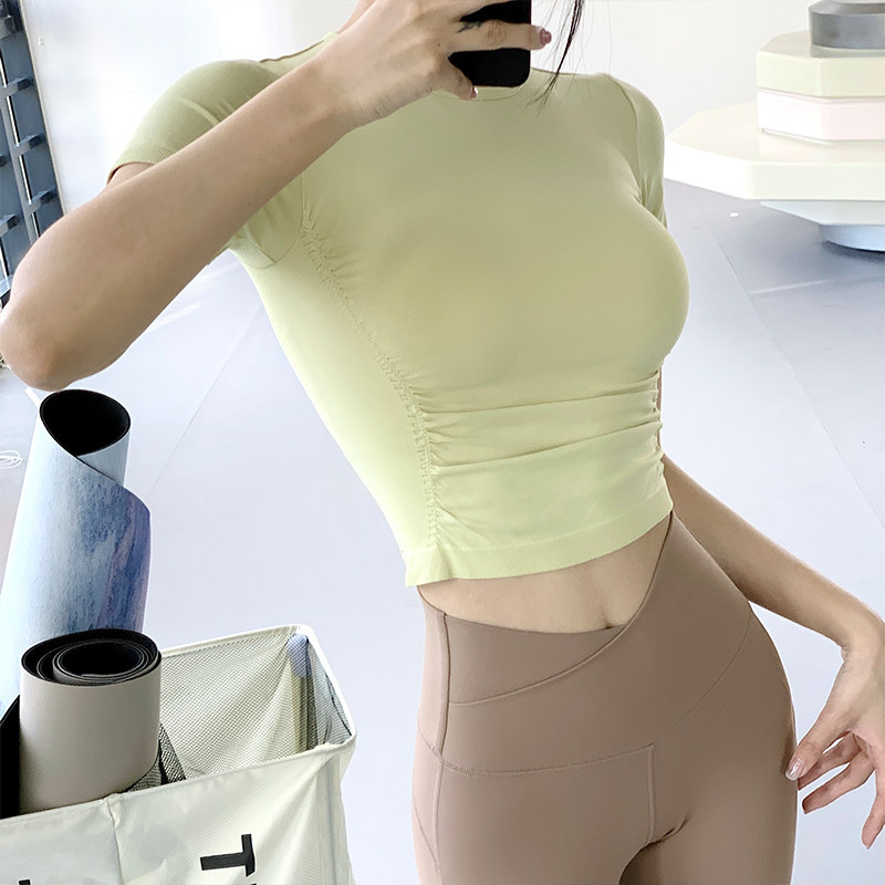 Sporty Women's Quick-Dry Short Sleeve T-Shirt Round Neck Casual Pleated Fitness Top