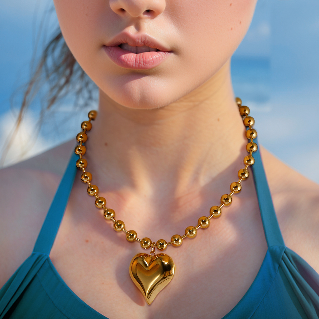 exaggerated bead chain 18K gold heart pendant necklace geometric minimalist hip-hop choker - Bild 5