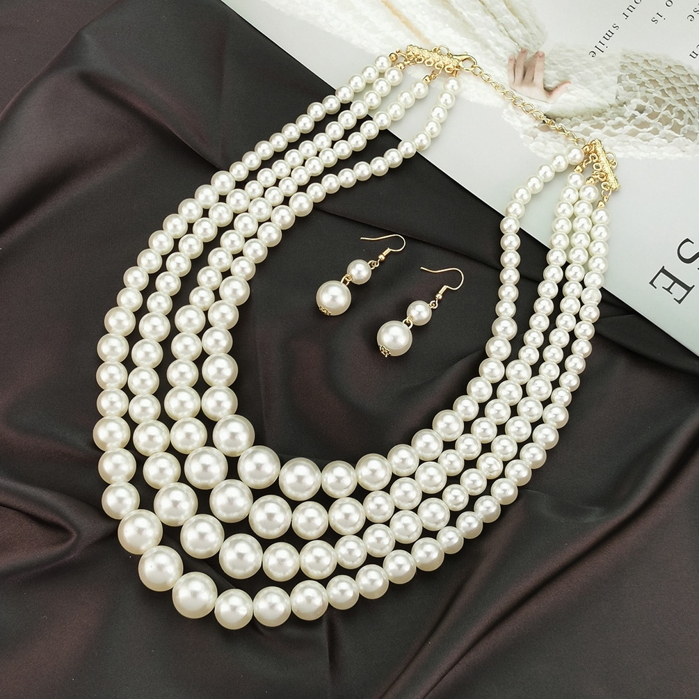 Layered Imitation Pearl Necklaces Sets For Women Handmade Beaded Chain Necklace Earrings Fashion Jewelry Set Charm Accesories - Bild 3
