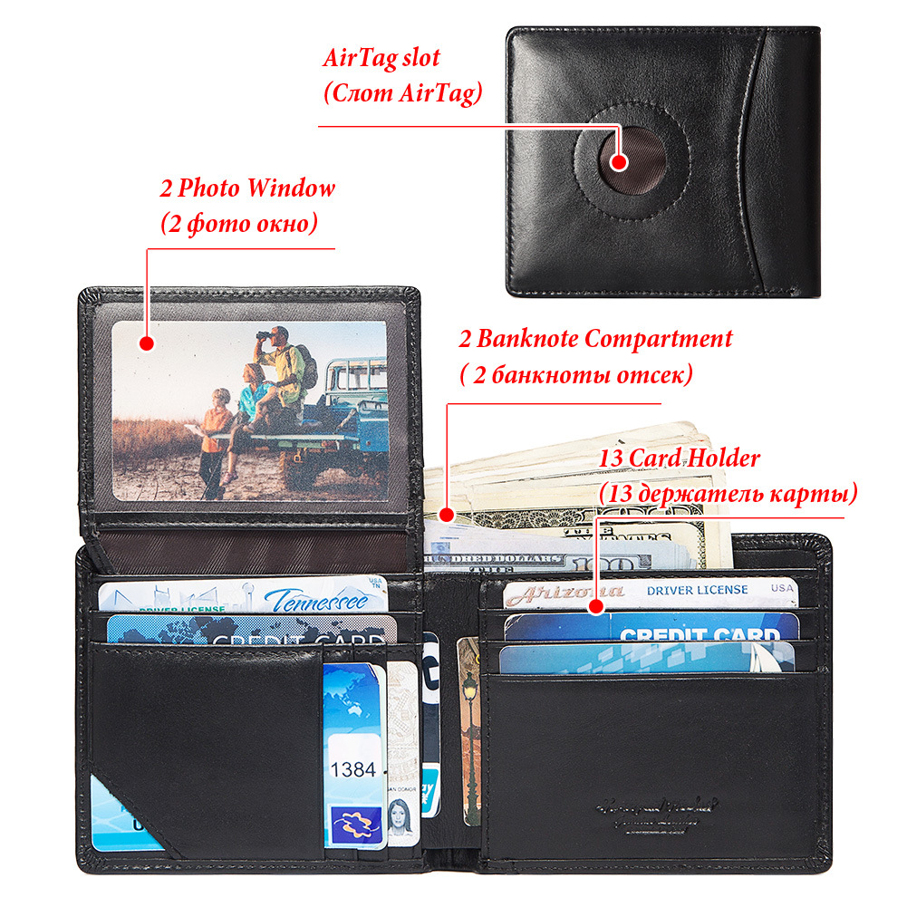 Suitable For AirTag Anti-Lost Device RFID Anti-Magnetic Wallet Large Capacity Multi Card First Layer Cowhide Men's Leather Wallet - Bild 3